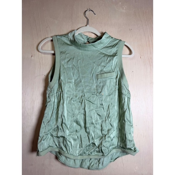 Fate Tops - Fate‎ Sleeveless Top Women S Sage Green Excellent Mock Neck Satin Viscose Pocket